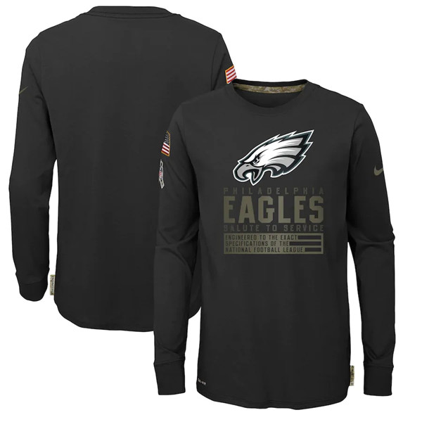 Youth Philadelphia Eagles Black NFL 2020 Salute To Service Sideline Performance Long Sleeve T-Shirt
